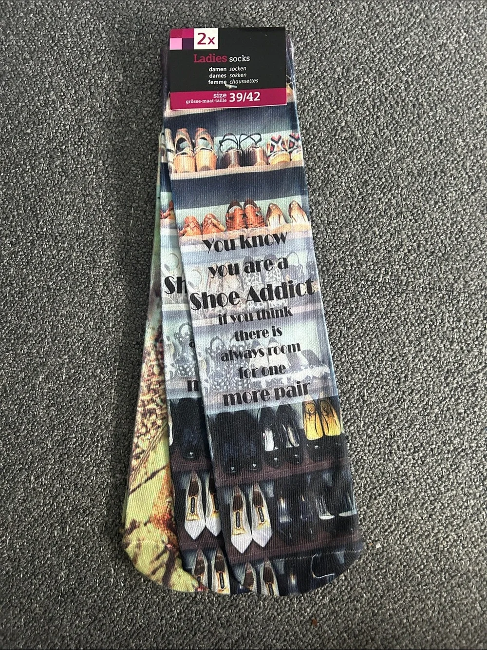 Ladies Novelty Shoe-Print Socks with Text - Multicolor